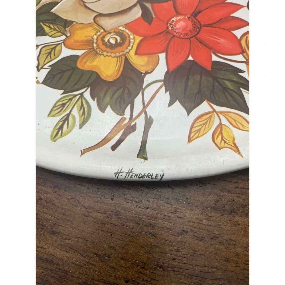Vintage H Henderley Floral Metal Serving Tray Oval White Orange Rose Platter